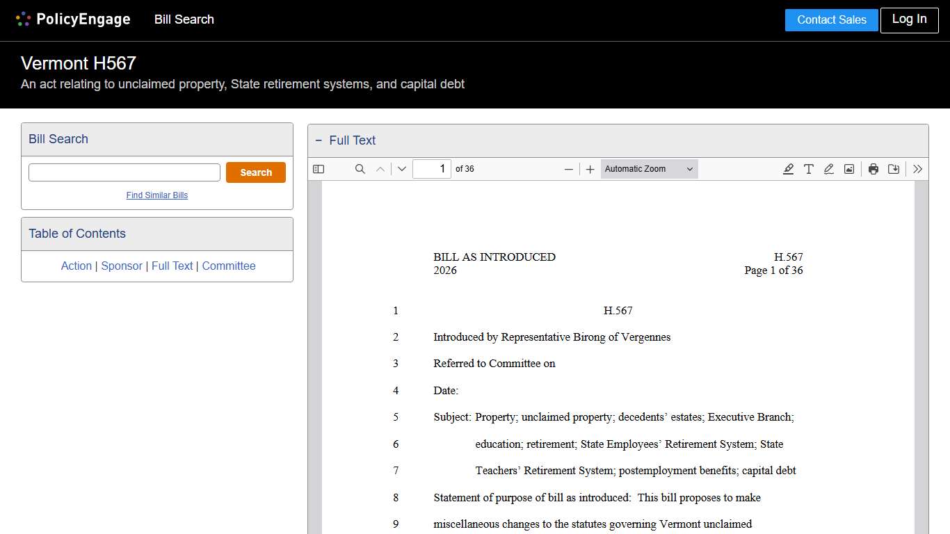 H567 | Vermont 2025-2026 | An act relating to unclaimed property, State retirement systems, and capital debt - Legislative Tracking | PolicyEngage