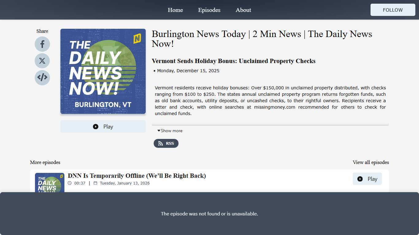 Vermont Sends Holiday Bonus: Unclaimed Property Checks - Burlington News Today | 2 Min News | The Daily News Now! | Acast
